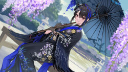 Rule 34 | 1girl, asymmetrical horns, black hair, black kimono, blue hair, blush, breasts, colored inner hair, commentary request, demon horns, feather-trimmed kimono, feather-trimmed shawl, hair ornament, harimoji, hololive, hololive english, horns, japanese clothes, kimono, large breasts, long hair, looking at viewer, mole, mole under eye, multicolored hair, nerissa ravencroft, nerissa ravencroft (new year), official alternate costume, official alternate hairstyle, official art, parasol, red eyes, solo, two-tone hair, umbrella, uneven horns, virtual youtuber