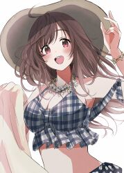 Rule 34 | 1girl, :d, adjusting clothes, adjusting headwear, bare shoulders, bikini, breasts, brown eyes, brown hair, cleavage, eyelashes, flower, flower necklace, frilled bikini, frills, grey bikini, hat, highres, holding, holding towel, idolmaster, idolmaster shiny colors, jewelry, large breasts, long hair, mismatched bikini, necklace, official alternate costume, open mouth, potesara888, smile, straw hat, swimsuit, tareme, teeth, towel, tsukioka kogane, upper body, upper teeth only, white background, wristband