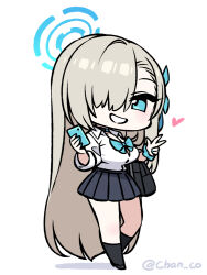 Rule 34 | 1girl, asuna (blue archive), black socks, blue archive, blue eyes, breasts, cellphone, chan co, chibi, hair over one eye, hair ribbon, halo, heart, holding, holding phone, large breasts, light brown hair, long hair, looking at viewer, phone, pleated skirt, ribbon, scrunchie, shirt, short sleeves, simple background, skirt, smartphone, socks, solo, standing, twitter username, very long hair, w, white background, white shirt, wrist scrunchie