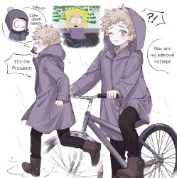 Rule 34 | !?, &gt; &lt;, 0o0 w o0, 2boys, bicycle, blonde hair, boots, closed eyes, craig tucker, english text, grey eyes, hat, highres, holding, holding phone, long sleeves, male focus, messy hair, multiple boys, multiple views, official art inset, one eye closed, open mouth, pants, phone, photo inset, rain, raincoat, reference inset, riding, riding bicycle, south park, sweat, tweek tweak