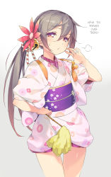 Rule 34 | 10s, 1girl, akebono (kancolle), bell, covering privates, covering crotch, cowboy shot, floral print, flower, gayarou, hair bell, hair flower, hair ornament, hard-translated, highres, japanese clothes, jewelry, jingle bell, kantai collection, kimono, long hair, looking at viewer, obi, open mouth, purple eyes, purple hair, ring, sash, short kimono, side ponytail, solo, talking, tasuki, thigh gap, third-party edit, translated