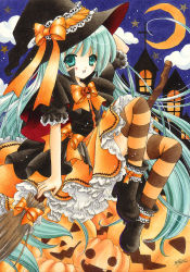 Rule 34 | 1girl, aqua eyes, aqua hair, asapon, broom, broom riding, crescent moon, dress, halloween, hat, hatsune miku, jack-o&#039;-lantern, long hair, moon, orange dress, pumpkin, sidesaddle, solo, striped clothes, striped thighhighs, thighhighs, traditional media, twintails, very long hair, vocaloid, witch hat