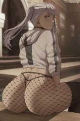 Rule 34 | 1girl, absurdres, alternate costume, arched back, artist name, ass, black clover, black pantyhose, blurry, blurry background, choker, drawing (object), earrings, fishnet thighhighs, fishnets, from behind, highres, hood, hood down, hooded jacket, huge ass, indoors, jacket, jewelry, long hair, looking at viewer, looking back, noelle silva, pantyhose, parted lips, pink eyes, shexyo, sitting, solo, striped clothes, striped jacket, thighhighs, thighs, thong, twintails, v-shaped eyebrows, vertical-striped clothes, vertical-striped jacket, watermark