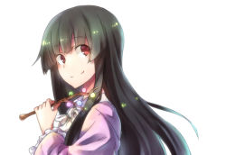 Rule 34 | 1girl, black hair, bow, branch, face, female focus, houraisan kaguya, jeweled branch of hourai, long hair, long sleeves, red eyes, satsumi, smile, solo, touhou, white background, wide sleeves