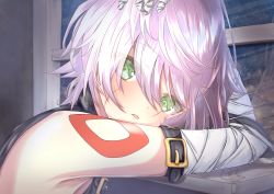 Rule 34 | 1girl, :o, bandaged arm, bandages, bare shoulders, belt, black belt, commentary request, eyes visible through hair, face, fate/apocrypha, fate/grand order, fate (series), from side, green eyes, highres, jack the ripper (fate/apocrypha), looking at viewer, mike3284, short hair, shoulder tattoo, solo, tattoo, white hair