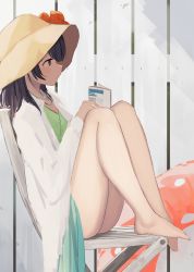 Rule 34 | 1girl, bare legs, barefoot, blush, book, brown eyes, brown hair, brown hat, chair, commentary request, doran (dorannomai), feet on chair, fence, from side, hair between eyes, hand up, hat, highres, holding, holding book, idolmaster, idolmaster shiny colors, innertube, jacket, jewelry, knees up, long hair, long sleeves, looking away, morino rinze, necklace, on chair, open clothes, open jacket, profile, sitting, solo, sun hat, swim ring, white jacket
