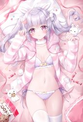 Rule 34 | 1girl, :3, animal ears, bed sheet, blush, bow, bow bra, bow panties, bra, breasts, chocolate chip cookie, closed mouth, collarbone, commentary request, cookie, food, frilled bra, frilled panties, frills, grey hair, groin, highres, hood, hood down, hooded jacket, jacket, kohinata hoshimi, long hair, loungewear, lying, navel, on back, open clothes, open jacket, original, panties, pillow, purple bra, purple panties, rabbit, rabbit ears, red eyes, side-tie panties, small breasts, solo, striped clothes, striped jacket, thighhighs, twintails, underwear, white thighhighs