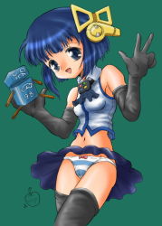 Rule 34 | 1girl, 98-tan, apple, bare shoulders, black gloves, black thighhighs, blue eyes, blue hair, blue panties, bob cut, bow, bow panties, elbow gloves, exif thumbnail surprise, food, fruit, gloves, green background, holding, looking at viewer, matching hair/eyes, midriff, navel, open mouth, os-tan, panties, pantyshot, shirt, simple background, sleeveless, sleeveless shirt, smile, solo, standing, striped clothes, striped panties, thighhighs, underwear, upskirt, v