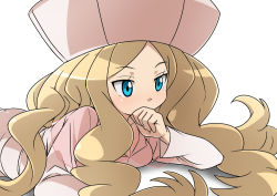 Rule 34 | 10s, 1girl, blonde hair, blue eyes, caitlin (pokemon), covering own mouth, creatures (company), curly hair, elite four, game freak, hands on own hips, hat, long hair, lying, nintendo, on stomach, pic k, pokemon, pokemon bw, solo, very long hair, white background