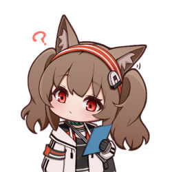 Rule 34 | 1girl, ?, angelina (arknights), animal ear fluff, animal ears, arknights, black gloves, black shirt, blush, brown hair, chibi, closed mouth, commentary request, gloves, hairband, holding, hood, hood down, hooded jacket, jacket, long sleeves, lxjun 09, open clothes, open jacket, puffy long sleeves, puffy sleeves, red eyes, red hairband, shirt, simple background, sleeves past wrists, solo, striped clothes, striped hairband, twintails, upper body, white background, white jacket