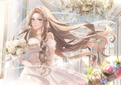 Rule 34 | 1girl, bare shoulders, blue flower, blue ribbon, blurry, blush, bokeh, bouquet, bridal veil, cain art811, chandelier, choker, church, collarbone, commentary request, curly hair, day, depth of field, dress, floating hair, flower, glint, grey eyes, highres, holding, holding bouquet, indoors, lace, lace choker, lace sleeves, long hair, long sleeves, looking at viewer, parted bangs, parted lips, pink flower, pink lips, pink rose, ribbon, rose, shining nikki, solo, strapless, strapless dress, teeth, upper body, veil, very long hair, wedding dress, white choker, white dress, white flower, white ribbon, white rose, window