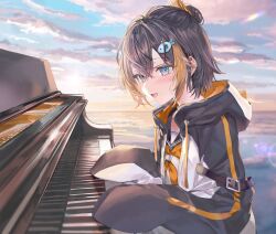 Rule 34 | 1girl, black hair, blue eyes, blush, cloud, cloudy sky, commentary request, fish hair ornament, glint, hair bun, hair ornament, highres, hood, hoodie, instrument, lens flare, looking at viewer, momoko (momopoco), multicolored hair, music, nijisanji, nijisanji en, open mouth, petra gurin, petra gurin (1st costume), playing instrument, playing piano, short hair, sky, sleeves past fingers, sleeves past wrists, solo, sunset, two-tone hair, virtual youtuber