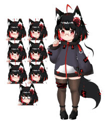 Rule 34 | !, 1girl, ?, ahoge, anger vein, animal ear fluff, animal ears, bailingxiao jiu, black footwear, black hair, blush, book, bow, braid, brown thighhighs, candy, chestnut mouth, closed mouth, expressions, flying sweatdrops, food, glasses, glowing, grey jacket, hair ornament, hand up, heart, heart-shaped pupils, highres, holding, holding book, holding candy, holding food, holding lollipop, jacket, lollipop, long sleeves, looking at viewer, multicolored hair, multiple views, nail polish, nose blush, o o, ofuda, original, parted lips, puffy long sleeves, puffy sleeves, red-framed eyewear, red bow, red eyes, red hair, red nails, shoes, short hair, sleeves past wrists, smile, sweat, symbol-shaped pupils, tail, thighhighs, two-tone hair, wavy mouth, white background