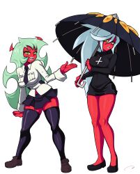 Rule 34 | absurdres, colored skin, cosplay, filia (skullgirls), filia (skullgirls) (cosplay), highres, kneesocks (psg), long hair, panty &amp; stocking with garterbelt, parasoul (skullgirls), parasoul (skullgirls) (cosplay), red skin, scanty (psg), siblings, sisters, skullgirls