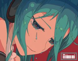 Rule 34 | 1girl, absurdres, aqua eyes, aqua hair, aqua necktie, arms at sides, barcode, bare shoulders, black outline, chromatic aberration, close-up, collared shirt, colored eyelashes, crying, crying with eyes open, detached sleeves, expressionless, eyelashes, facing viewer, half-closed eyes, hatsune miku, hatsune miku (nt), head down, headset, highres, jitome, looking down, mori (user gdnz7828), necktie, outline, parted lips, piapro, red background, sad, shirt, simple background, sleeveless, sleeveless shirt, solo, streaming tears, tears, vocaloid, white shirt