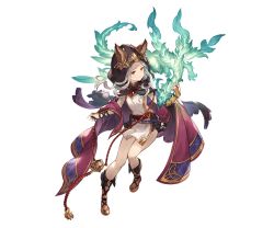 Rule 34 | 10s, 1girl, animal ears, arm guards, bridal gauntlets, cape, cloak, cross-laced footwear, dragon, ears through headwear, erune, full body, granblue fantasy, hood, hooded cloak, long hair, minaba hideo, official art, pelvic curtain, red eyes, sandals, scathacha (granblue fantasy), skirt, sleeveless, smile, solo, transparent background, white hair