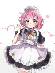Rule 34 | 1girl, apron, azueru3, black dress, blush, brown ribbon, collared dress, commentary, cowboy shot, dress, frilled apron, frilled dress, frilled sleeves, frills, hand up, heart, highres, looking at viewer, maid, maid apron, maid headdress, neck ribbon, ootori emu, parted lips, pink eyes, pink hair, project sekai, ribbon, short hair, short sleeves, simple background, solo, white apron, white background