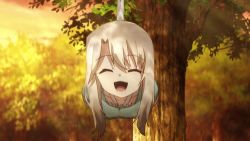 Rule 34 | &gt; &lt;, 1girl, animated, animated gif, arms behind back, bdsm, bondage, bound, closed eyes, fate/kaleid liner prisma illya, fate (series), female focus, hogtie, illyasviel von einzbern, lowres, nature, open mouth, outdoors, solo, suspension, tree