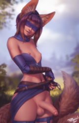 Rule 34 | 1futa, animal ears, artist name, belt, blindfold, blurry, blurry background, brown hair, bustier, covered eyes, detached collar, elbow gloves, erection, facing viewer, fingerless gloves, flat chest, fox ears, fox tail, futanari, gloves, highres, lips, long hair, marisha (lunetax), multiple tails, nipples, original, outdoors, pelvic curtain, penis, personal ami, smile, solo, standing, tail, testicles, uncensored