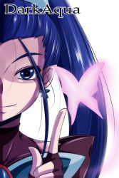 Rule 34 | 00s, 1girl, bloom, blue eyes, blue hair, bug, butterfly, dark aqua, dark cure (yes! precure 5), earrings, fingerless gloves, gloves, highres, insect, jewelry, long hair, magical girl, matching hair/eyes, nishi koutarou, out of frame, portrait, precure, simple background, smile, solo, white background, yes! precure 5