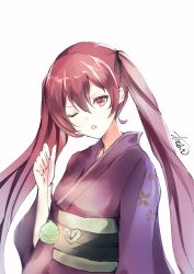 Rule 34 | 1girl, atoatto, fire emblem, fire emblem fates, holding, japanese clothes, kimono, looking at viewer, nintendo, one eye closed, red eyes, red hair, selena (fire emblem fates), severa (fire emblem), signature, simple background, solo, twintails, water balloon, white background, yukata