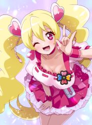 Rule 34 | 1girl, ;d, \m/, absurdres, asymmetrical docking, blonde hair, blue background, blush, bow, breast press, breasts, brooch, choker, cleavage, collarbone, cowboy shot, cure peach, don (748826), earrings, fresh precure!, frilled skirt, frills, hair between eyes, hair ornament, hand on own leg, heart, heart earrings, heart hair ornament, highres, jewelry, leaning forward, legs together, light particles, long hair, looking at viewer, magical girl, medium breasts, momozono love, one eye closed, open mouth, pink bow, pink choker, pink eyes, pink skirt, precure, puffy short sleeves, puffy sleeves, short sleeves, simple background, skirt, smile, solo, standing, twintails, wrist cuffs