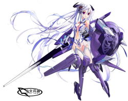 Rule 34 | 1girl, bare shoulders, blade, breasts, cleavage, floating hair, full body, garter straps, girl arms, hair between eyes, long hair, machinery, mecha musume, non-web source, purple eyes, see-through, shield, simple background, sword, text focus, thighhighs, very long hair, weapon, white background, white hair, wind, zeco