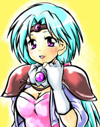 Rule 34 | 1990s (style), 1girl, aqua hair, breasts, circlet, cleavage, female focus, fingerless gloves, gloves, gradient background, haou taikei ryuu knight, namako nowata, paffy pafuricia, purple eyes, retro artstyle, shoulder pads, solo