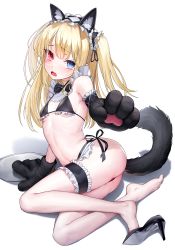 Rule 34 | 1girl, absurdres, animal ear fluff, animal ears, animal hands, arm garter, bad id, bad pixiv id, bikini, black bikini, black bow, black bowtie, black footwear, blonde hair, blue eyes, blush, boku wa tomodachi ga sukunai, bow, bowtie, breasts, cat ears, cat tail, detached sleeves, fake tail, fang, frilled bikini, frilled hairband, frills, full body, gloves, hairband, hasegawa kobato, heterochromia, high heels, highres, holding, holding tray, long hair, looking at viewer, open mouth, paw gloves, red eyes, side-tie bikini bottom, simple background, sitting, small breasts, solo, swimsuit, tail, tray, white background, yjs0803123