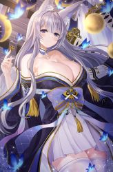 Rule 34 | 1girl, absurdres, animal ear fluff, animal ears, artist request, azur lane, bare shoulders, blue butterfly, blue collar, blue kimono, breasts, bug, butterfly, cleavage, collar, collarbone, fox ears, fox girl, highres, insect, japanese clothes, kimono, kitsune, kyuubi, large breasts, large tail, long hair, looking at viewer, minestrone takizawa, moon phases, multiple tails, off shoulder, pleated skirt, shinano (azur lane), silver hair, skindentation, skirt, skirt under kimono, smile, solo, sword, tail, thighhighs, weapon, white skirt, white tail, white thighhighs, wide sleeves, zettai ryouiki