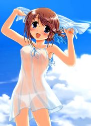 Rule 34 | 00s, 1girl, blue eyes, blush, breasts, brown hair, contrapposto, folded ponytail, highres, jpeg artifacts, komaki manaka, lace, lace-trimmed panties, lace trim, lingerie, medium breasts, nipples, no bra, panties, see-through, shiukichi, solo, standing, to heart (series), to heart 2, underwear, white panties