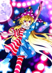 Rule 34 | 1girl, american flag dress, blonde hair, clownpiece, commentary, dress, full moon, hat, highres, jester cap, long hair, looking at viewer, moon, neck ruff, one-hour drawing challenge, polka dot headwear, purple eyes, purple hat, short sleeves, solo, souko illust, star (symbol), star print, striped clothes, striped dress, touhou, very long hair