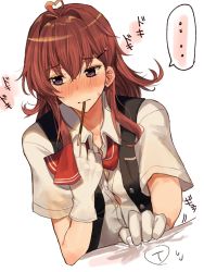 Rule 34 | ..., 1girl, ahoge, arashi (kancolle), bad id, bad twitter id, black eyes, black vest, blouse, commentary request, food, gloves, highres, inusaka, kantai collection, kerchief, looking to the side, medium hair, messy hair, mouth hold, neckerchief, pocky, red hair, shirt, solo, spoken ellipsis, upper body, vest, white gloves, white shirt