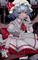 Rule 34 | 1girl, arm at side, artist name, ascot, back bow, bat wings, black pantyhose, blood, blood bag, blue hair, blush, bow, brooch, closed mouth, collared dress, commentary, cowboy shot, dress, eyebrows hidden by hair, fingernails, frilled dress, frilled shirt collar, frills, frown, gem, green gemstone, hand up, hat, hat bow, highres, intravenous drip, jewelry, leg ribbon, looking at viewer, medium hair, mob cap, mokou cooking, pantyhose, pointy ears, puffy short sleeves, puffy sleeves, red ascot, red bow, red eyes, red ribbon, remilia scarlet, ribbon, short sleeves, solo, touhou, v-shaped eyebrows, white dress, white hat, wings, wrist cuffs