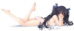 Rule 34 | 1girl, ass, bare legs, bare shoulders, barefoot, bikini, black hair, blush, breasts, butt crack, hair ribbon, iwashi dorobou -r-, long hair, looking at viewer, lying, medium breasts, neptune (series), noire (neptunia), on stomach, red eyes, ribbon, simple background, smile, swimsuit, the pose, twintails, white background, white bikini