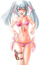 Rule 34 | 10s, 1girl, alternate color, bikini, fangs, heterochromia, highres, infinite stratos, laura bodewig, long hair, md5 mismatch, miharin, no eyepatch, resolution mismatch, silver hair, solo, source larger, swimsuit, twintails