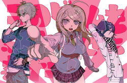 Rule 34 | 1girl, 2boys, ahoge, akamatsu kaede, amami rantaro, antenna hair, backpack, bag, blonde hair, breasts, brown necktie, checkered clothes, checkered scarf, collared shirt, danganronpa (series), danganronpa v3: killing harmony, fortissimo, green eyes, green hair, hair between eyes, hair ornament, highres, i-hara, jacket, large breasts, long hair, long sleeves, looking at viewer, multiple boys, musical note, musical note hair ornament, necktie, oma kokichi, open mouth, pants, pink background, pink eyes, pleated skirt, pointing, pointing at viewer, purple hair, scarf, school uniform, shirt, short hair, skirt, striped clothes, striped shirt, sweater vest, translation request, white background, white shirt
