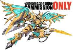 Rule 34 | blue eyes, clenched hand, commission, highres, holding, holding polearm, holding weapon, kamitoge supino, lance, looking ahead, mecha, mechanical wings, no humans, original, polearm, robot, science fiction, solo, twitter username, watermark, weapon, white background, wings