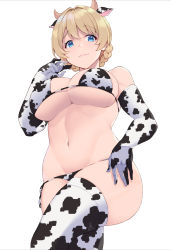 Rule 34 | 1girl, absurdres, alternate costume, animal ears, animal print, bikini, blonde hair, blue eyes, braid, breasts, closed mouth, commentary, cow ears, cow horns, cow print, darjeeling (girls und panzer), elbow gloves, fake animal ears, fake horns, girls und panzer, gloves, hand in own hair, hand on own thigh, highres, horns, kimi tsuru, large breasts, light smile, looking at viewer, looking down, navel, print bikini, print gloves, print thighhighs, short hair, side-tie bikini bottom, simple background, skindentation, solo, string bikini, swimsuit, thighhighs, twin braids, white background, white bikini, white gloves, white thighhighs