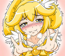 Rule 34 | 10s, 1girl, blonde hair, blush, cure peace, double v, dsk, kise yayoi, off shoulder, precure, smile precure!, solo, sweat, tears, tiara, trembling, v, yellow eyes