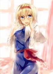 Rule 34 | 1girl, adjusting eyewear, alice margatroid, backlighting, bespectacled, blue dress, blue eyes, capelet, curtains, dress, female focus, glasses, hairband, highres, looking at viewer, open mouth, pino (birthdayparty), sash, short hair, sketch, smile, solo, touhou, window
