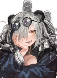 animal ears, arknights, breasts, china dress, chinese clothes, cleavage, cleavage cutout, clothing cutout, dress, eyewear on head, feater (arknights), frischenq, glasses, green hair, hair over one eye, hand on own face, jacket, long hair, looking at viewer, lying, multicolored hair, on stomach, orange eyes, panda ears, streaked hair, twintails