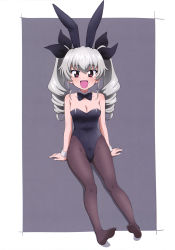 Rule 34 | 1girl, absurdres, alternate costume, anchovy (girls und panzer), animal ears, artist request, bare shoulders, black leotard, black ribbon, border, bow, bowtie, breasts, brown eyes, cleavage, cowboy shot, detached collar, drill hair, fake animal ears, female focus, fingernails, full body, girls und panzer, green hair, hair ribbon, highleg, highleg leotard, highres, invisible chair, leotard, long hair, looking at viewer, medium breasts, open mouth, pantyhose, playboy bunny, rabbit ears, ribbon, simple background, sitting, smile, solo, strapless, strapless leotard, thigh gap, twin drills, twintails, very long hair, white border, wide hips, wrist cuffs