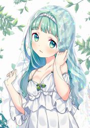 Rule 34 | 1girl, bare shoulders, blush, bow, breasts, bridal veil, cleavage, detached sleeves, dress, green bow, green eyes, green hair, hair bow, hairband, highres, long hair, looking at viewer, open mouth, original, solo, sparkle, suzuki moeko, veil, white bow, white dress, white hairband