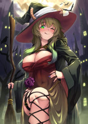 Rule 34 | 1girl, :q, alternate costume, bat (animal), breasts, broom, commentary request, covered navel, fingernails, flower, full moon, glowing, glowing eyes, gradient hair, green eyes, green hair, halloween, halloween costume, hand on own hip, highres, holding, holding broom, kobayashi-san chi no maidragon, kuromasu, large breasts, long hair, looking at viewer, lucoa (maidragon), moon, multicolored hair, multicolored nails, nail polish, night, night sky, purple flower, purple nails, purple rose, red nails, rose, sky, slit pupils, solo, tongue, tongue out