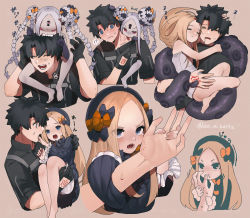 Rule 34 | 1boy, 1girl, abigail williams (fate), abigail williams (swimsuit foreigner) (first ascension) (fate), angry, ass, bare legs, barefoot, bite mark, biting, black bow, black dress, black gloves, black hair, black jacket, blonde hair, blue eyes, blush, bow, brown background, carrying, colored skin, command spell, commentary request, double bun, dress, fate/grand order, fate (series), finger biting, frown, fujimaru ritsuka (male), fujimaru ritsuka (male) (polar chaldea uniform), gloves, grey hair, grey skin, hair bow, hair bun, hand up, hands up, holding person, jacket, kaita (mokamilkcup), keyhole, licking, long hair, multiple hair bows, official alternate costume, open mouth, orange bow, parted bangs, princess carry, sharp teeth, short sleeves, smile, sweat, tearing up, teeth, tentacles, tongue, tongue out, translation request, upper teeth only, zzz