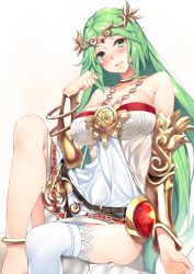 Rule 34 | 1girl, ancient greek clothes, aqua eyes, blush, breasts, chiton, cleavage, female focus, green hair, huge breasts, jewelry, kid icarus, kid icarus uprising, long hair, looking at viewer, neck ring, necklace, nintendo, open mouth, palutena, parted bangs, revision, sitting, smile, solo, swept bangs, thighhighs, thighs, tiara, very long hair, white thighhighs, yappen, yatsu (sasuraino)