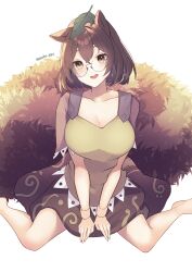 Rule 34 | 1girl, :d, absurdres, animal ears, aoko (myut7287), artist name, barefoot, breasts, brown eyes, brown hair, brown shirt, brown skirt, cleavage, commentary, futatsuiwa mamizou, glasses, highres, large breasts, leaf, leaf on head, looking at viewer, open mouth, raccoon ears, raccoon girl, raccoon tail, shirt, short hair, short sleeves, simple background, sitting, skirt, smile, solo, tail, touhou, wariza, white background