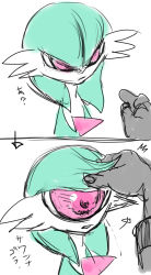 Rule 34 | 1girl, 2koma, absurdres, arrow (symbol), closed mouth, colored skin, comic, creatures (company), cyclops, disembodied hand, female focus, flat chest, game freak, gardevoir, gen 3 pokemon, green hair, green skin, hair lift, highres, japanese text, looking at another, monster girl, multicolored skin, multiple views, nintendo, one-eyed, open mouth, pero (sabuaka bacon), pokemon, pokemon (creature), red eyes, short hair, simple background, translation request, two-tone skin, upper body, what, white background, white skin