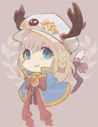 Rule 34 | 1girl, :3, blonde hair, blue capelet, blue eyes, bow, bowtie, braid, brown background, capelet, cat girl, cat tail, closed mouth, commentary request, fake antlers, furry, furry female, gold trim, hat, laurels, looking at viewer, medium bangs, peaked cap, pi (pyaaaro), ragnarok online, red bow, red bowtie, short hair, side braid, single braid, smile, solo, summoner (ragnarok online), tail, upper body, white hat